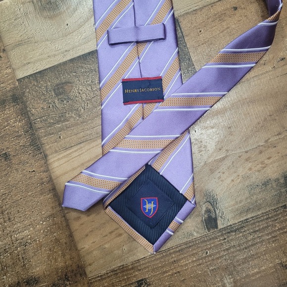 Henry Jacobson Handmade Silk Blend Tie Purple Tan Striped Mens Necktie - Picture 3 of 8